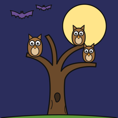 Owls in a Spooky Tree coloring page